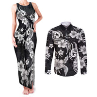 Hawaiian-Polynesian Art Tattoo Couples Matching Tank Maxi Dress and Long Sleeve Button Shirt Hibiscus and Plumeria Grayscale LT03 Black - Polynesian Pride