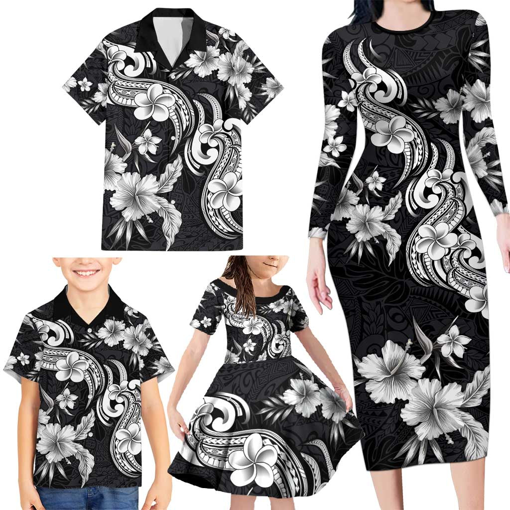 Hawaiian-Polynesian Art Tattoo Family Matching Long Sleeve Bodycon Dress and Hawaiian Shirt Hibiscus and Plumeria Grayscale LT03 - Polynesian Pride