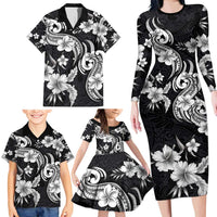 Hawaiian-Polynesian Art Tattoo Family Matching Long Sleeve Bodycon Dress and Hawaiian Shirt Hibiscus and Plumeria Grayscale LT03 - Polynesian Pride