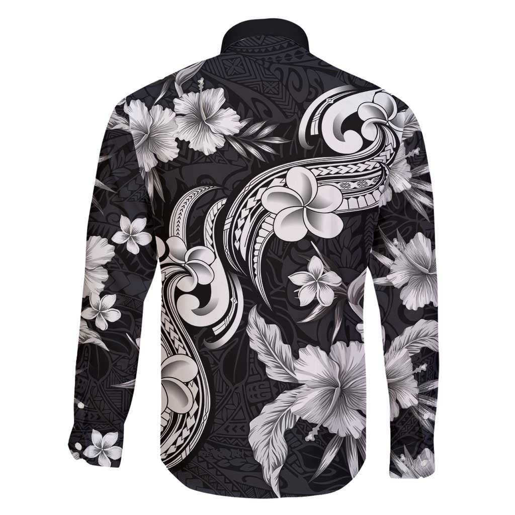 Hawaiian-Polynesian Art Tattoo Family Matching Long Sleeve Bodycon Dress and Hawaiian Shirt Hibiscus and Plumeria Grayscale LT03 - Polynesian Pride