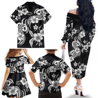 Hawaiian-Polynesian Art Tattoo Family Matching Off The Shoulder Long Sleeve Dress and Hawaiian Shirt Hibiscus and Plumeria Grayscale LT03 - Polynesian Pride