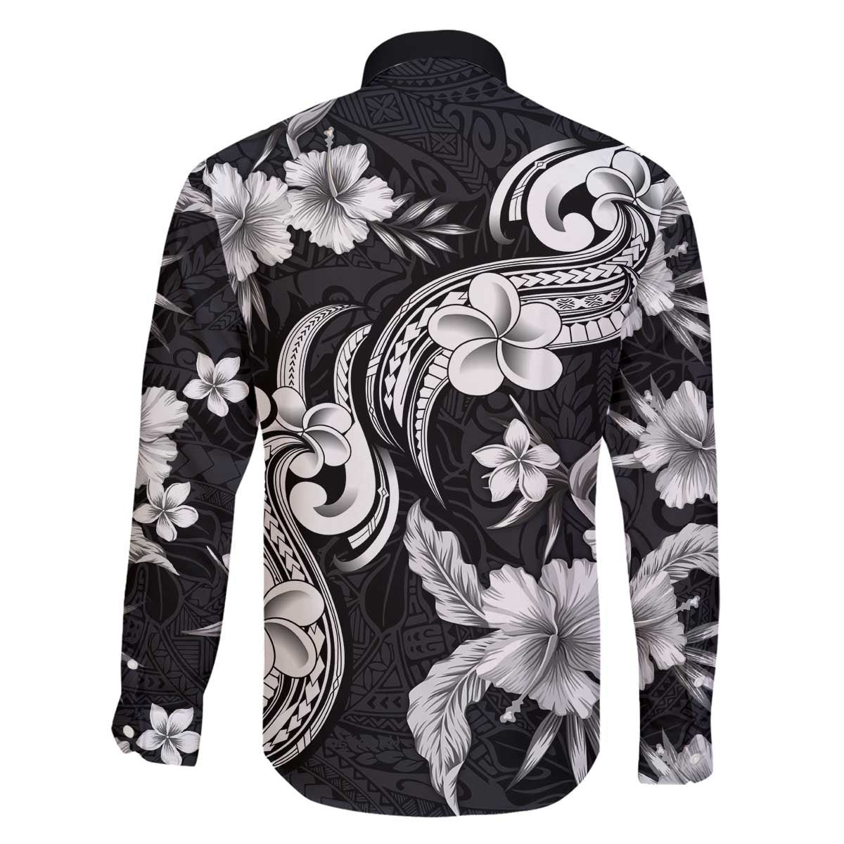 Hawaiian-Polynesian Art Tattoo Family Matching Off The Shoulder Long Sleeve Dress and Hawaiian Shirt Hibiscus and Plumeria Grayscale LT03 - Polynesian Pride