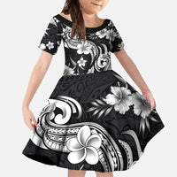 Hawaiian-Polynesian Art Tattoo Family Matching Off Shoulder Maxi Dress and Hawaiian Shirt Hibiscus and Plumeria Grayscale LT03 Daughter's Dress Black - Polynesian Pride