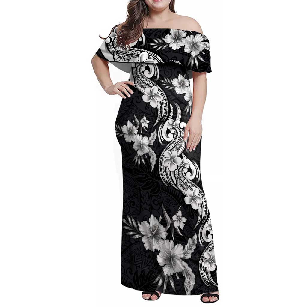 Hawaiian-Polynesian Art Tattoo Family Matching Off Shoulder Maxi Dress and Hawaiian Shirt Hibiscus and Plumeria Grayscale LT03 Mom's Dress Black - Polynesian Pride