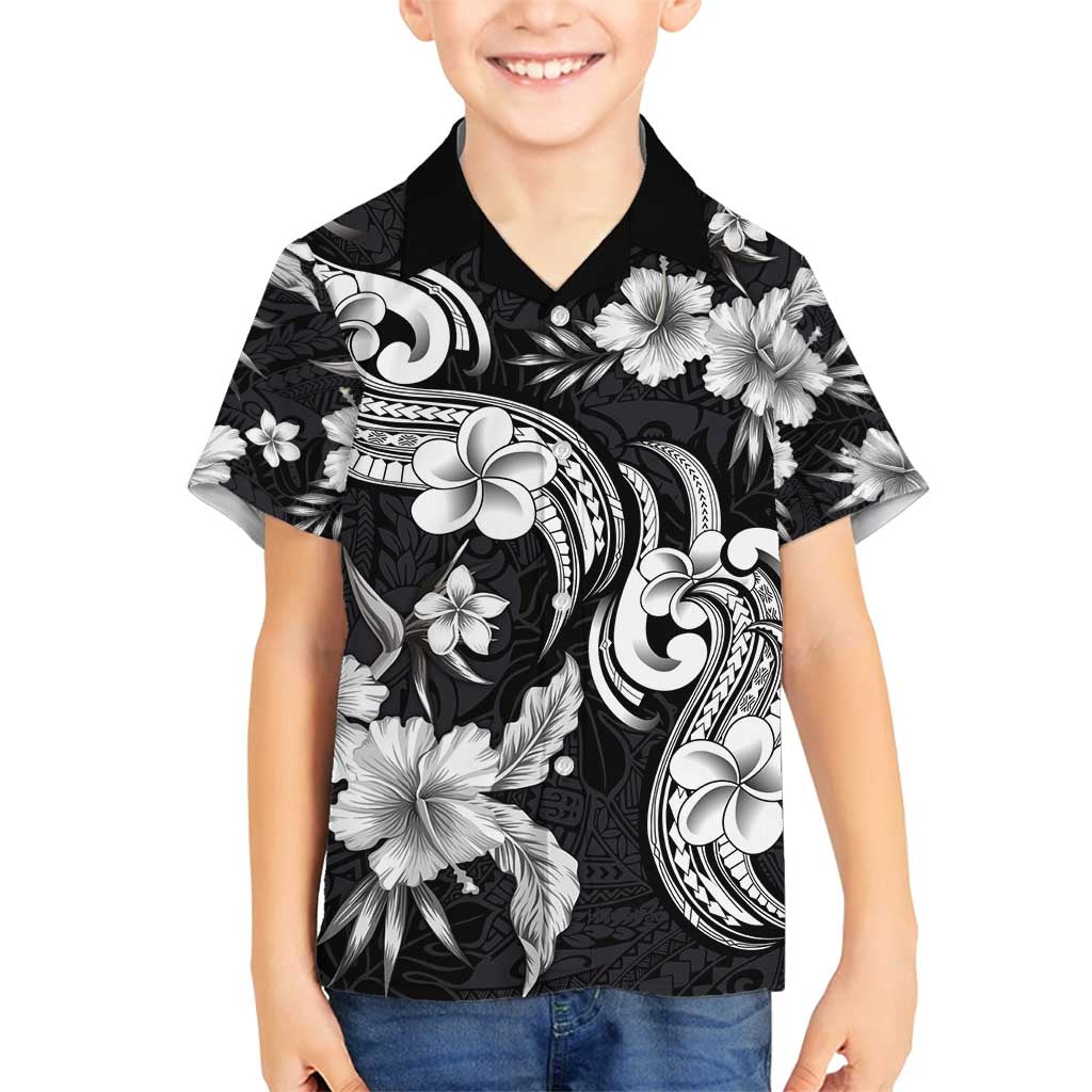 Hawaiian-Polynesian Art Tattoo Family Matching Off Shoulder Maxi Dress and Hawaiian Shirt Hibiscus and Plumeria Grayscale LT03 Son's Shirt Black - Polynesian Pride