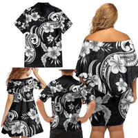 Hawaiian-Polynesian Art Tattoo Family Matching Off Shoulder Short Dress and Hawaiian Shirt Hibiscus and Plumeria Grayscale LT03 - Polynesian Pride