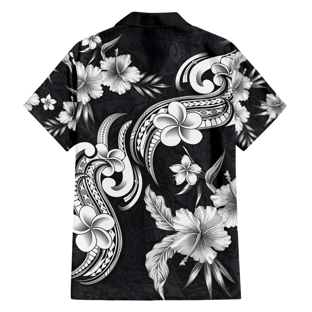 Hawaiian-Polynesian Art Tattoo Family Matching Off Shoulder Short Dress and Hawaiian Shirt Hibiscus and Plumeria Grayscale LT03 - Polynesian Pride