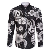 Hawaiian-Polynesian Art Tattoo Family Matching Off Shoulder Short Dress and Hawaiian Shirt Hibiscus and Plumeria Grayscale LT03 Dad's Shirt - Long Sleeve Black - Polynesian Pride