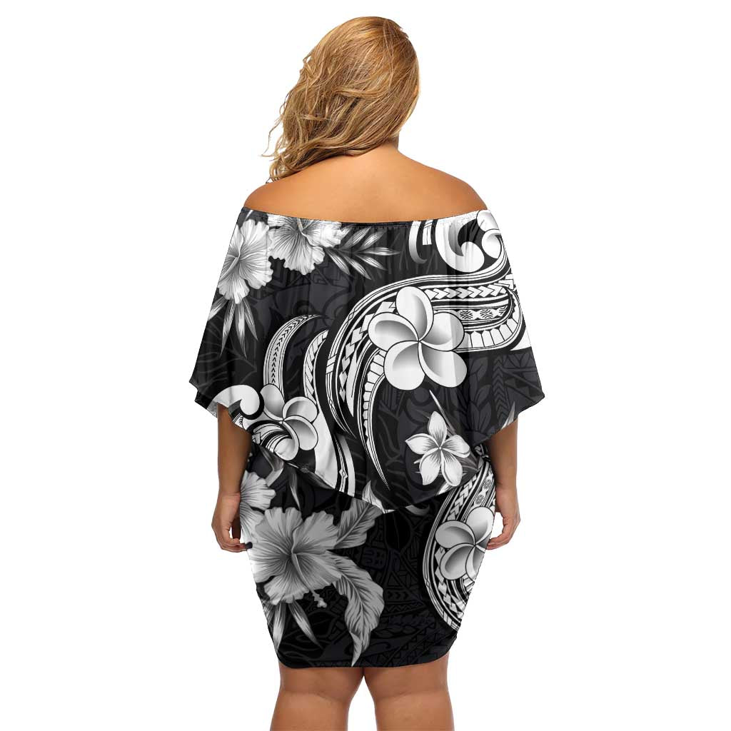 Hawaiian-Polynesian Art Tattoo Family Matching Off Shoulder Short Dress and Hawaiian Shirt Hibiscus and Plumeria Grayscale LT03 - Polynesian Pride