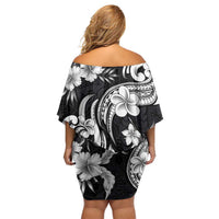 Hawaiian-Polynesian Art Tattoo Family Matching Off Shoulder Short Dress and Hawaiian Shirt Hibiscus and Plumeria Grayscale LT03 - Polynesian Pride