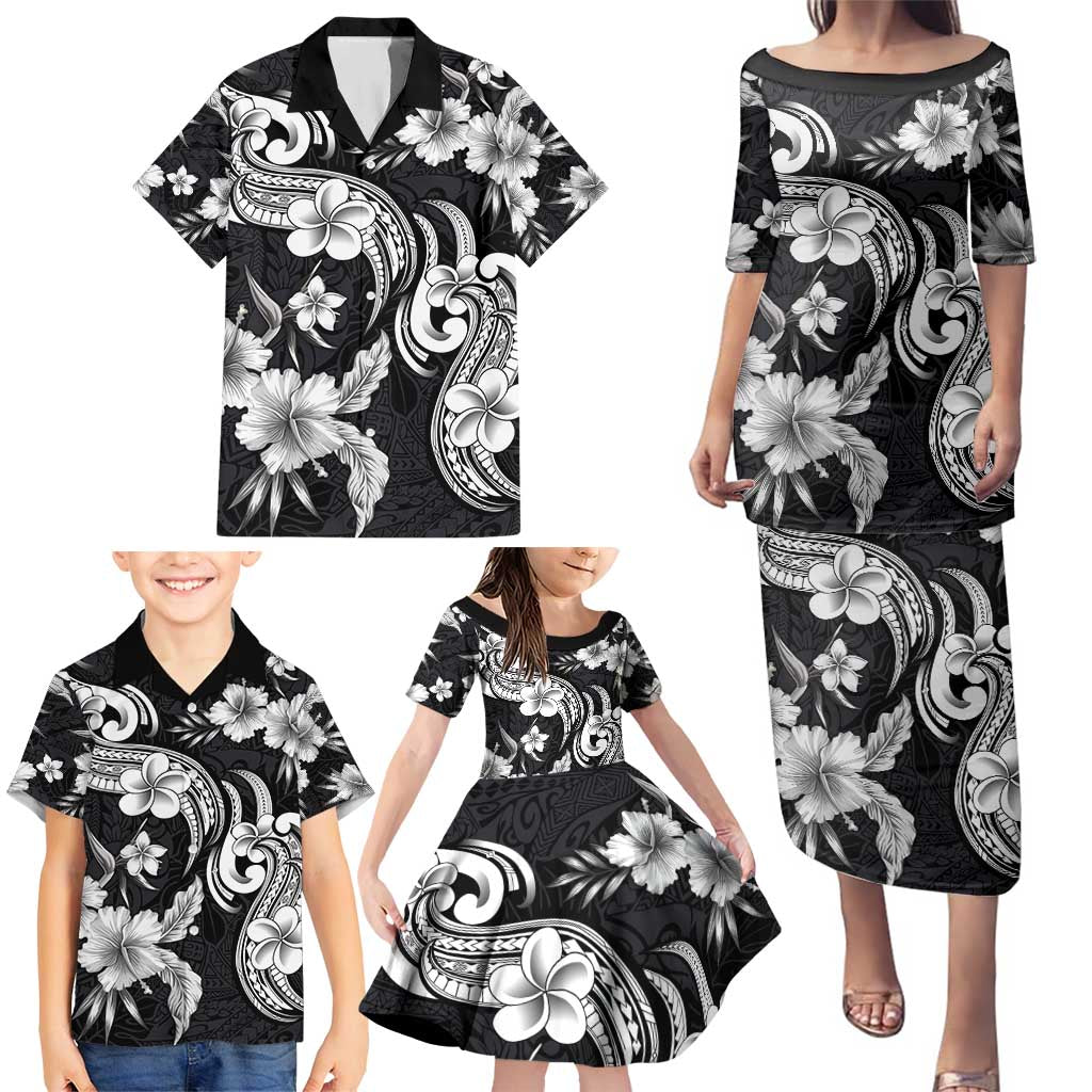 Hawaiian-Polynesian Art Tattoo Family Matching Puletasi and Hawaiian Shirt Hibiscus and Plumeria Grayscale LT03 - Polynesian Pride