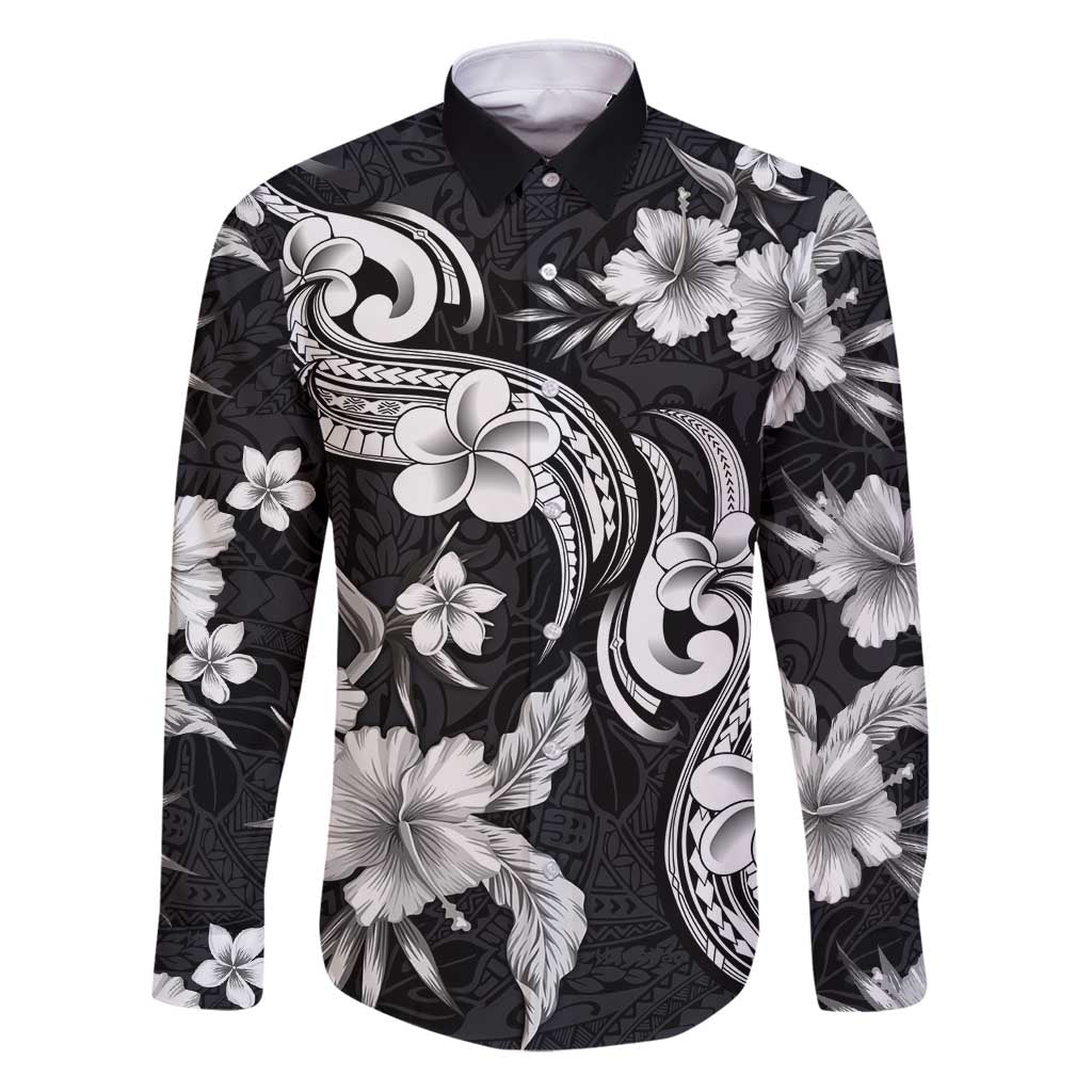 Hawaiian-Polynesian Art Tattoo Family Matching Puletasi and Hawaiian Shirt Hibiscus and Plumeria Grayscale LT03 Dad's Shirt - Long Sleeve Black - Polynesian Pride