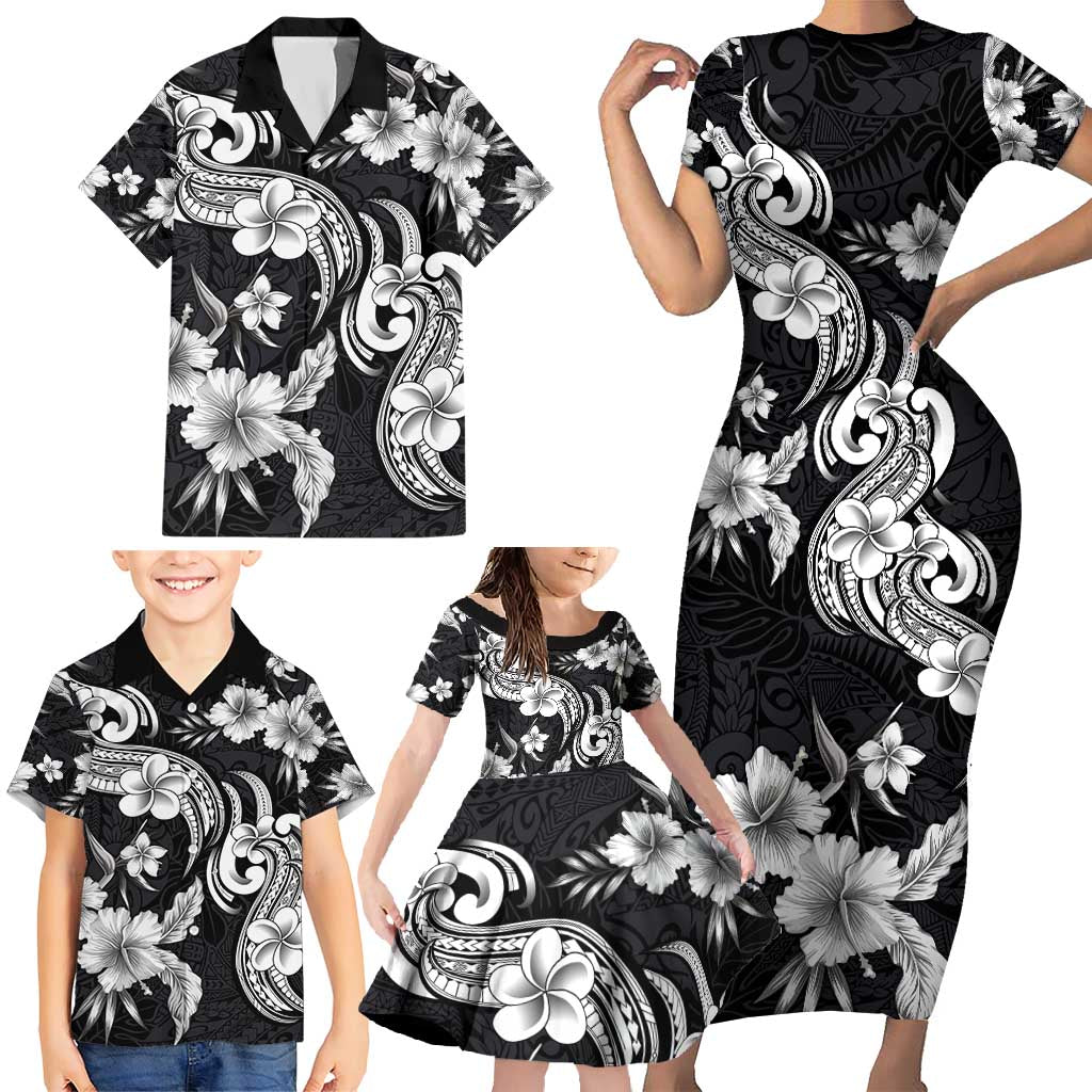 Hawaiian-Polynesian Art Tattoo Family Matching Short Sleeve Bodycon Dress and Hawaiian Shirt Hibiscus and Plumeria Grayscale