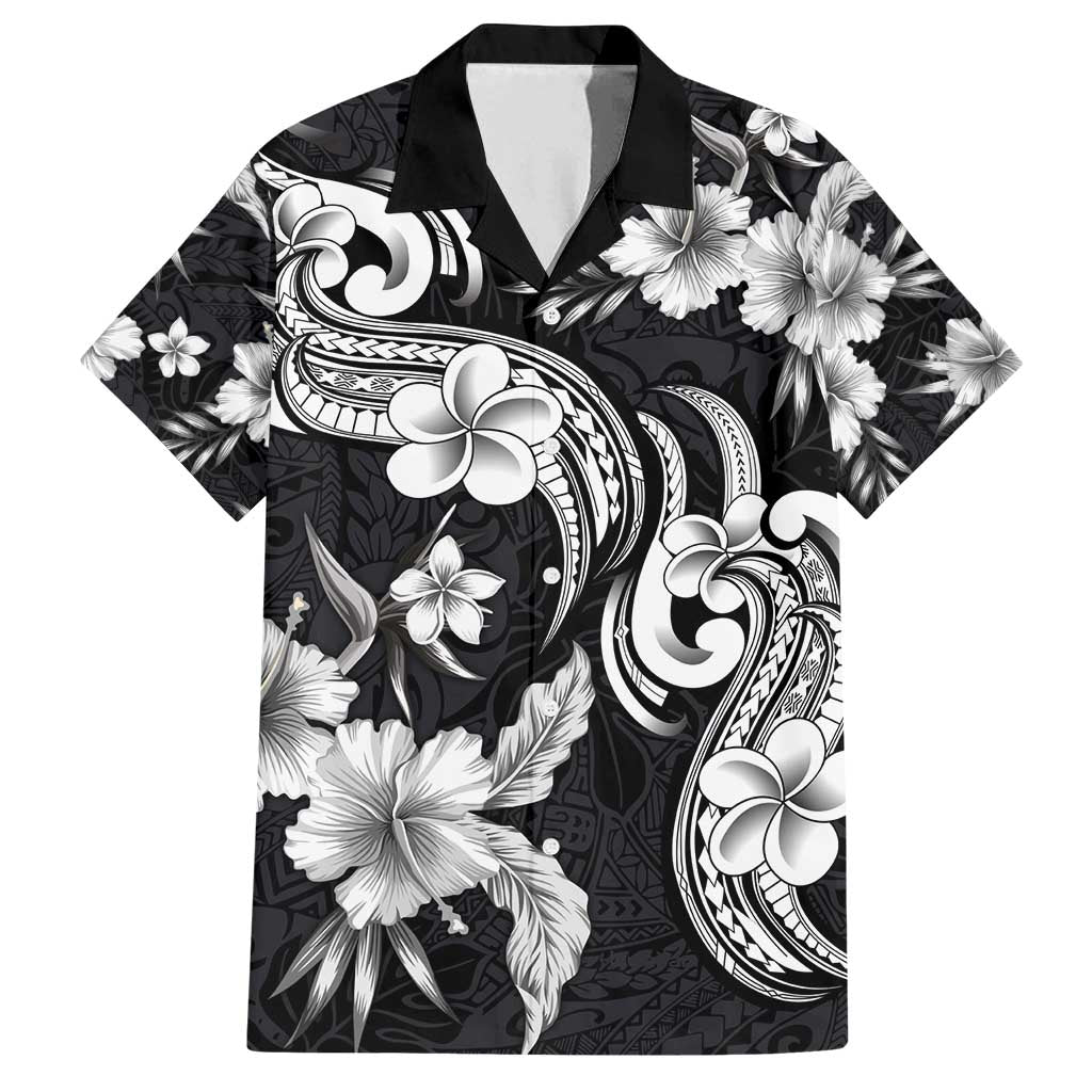 Hawaiian-Polynesian Art Tattoo Family Matching Summer Maxi Dress and Hawaiian Shirt Hibiscus and Plumeria Grayscale LT03 Dad's Shirt - Short Sleeve Black - Polynesian Pride