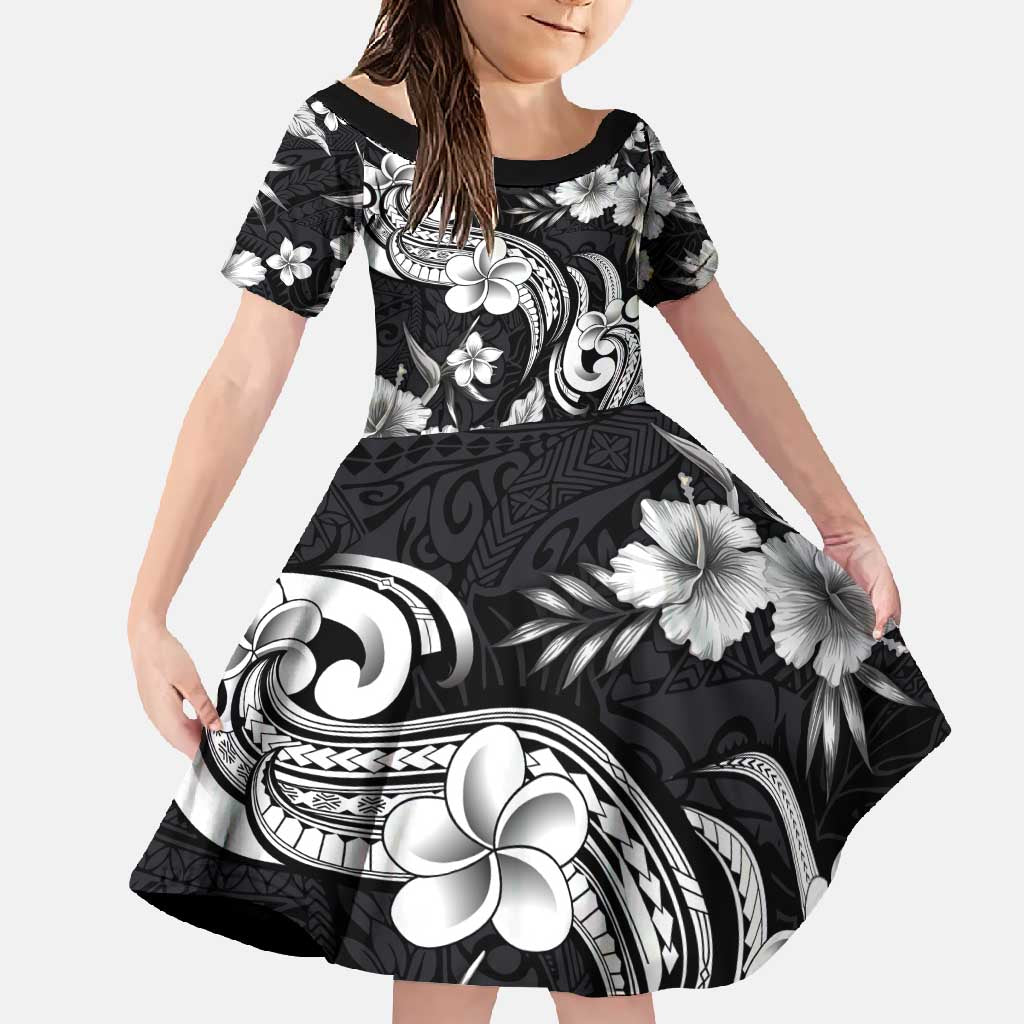 Hawaiian-Polynesian Art Tattoo Family Matching Tank Maxi Dress and Hawaiian Shirt Hibiscus and Plumeria Grayscale LT03 Daughter's Dress Black - Polynesian Pride