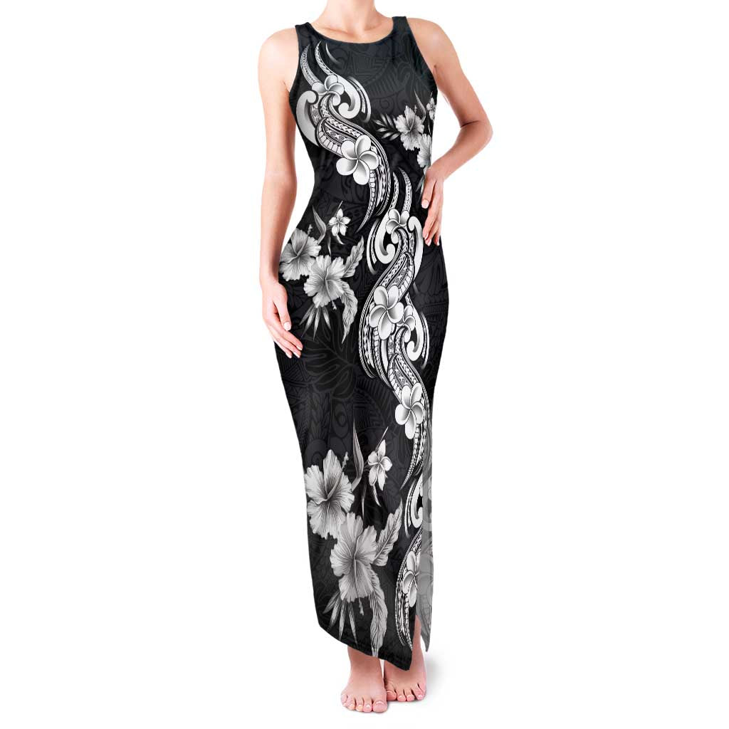 Hawaiian-Polynesian Art Tattoo Family Matching Tank Maxi Dress and Hawaiian Shirt Hibiscus and Plumeria Grayscale LT03 Mom's Dress Black - Polynesian Pride