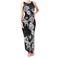 Hawaiian-Polynesian Art Tattoo Family Matching Tank Maxi Dress and Hawaiian Shirt Hibiscus and Plumeria Grayscale LT03 Mom's Dress Black - Polynesian Pride