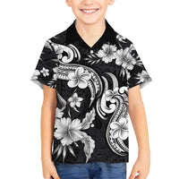Hawaiian-Polynesian Art Tattoo Family Matching Tank Maxi Dress and Hawaiian Shirt Hibiscus and Plumeria Grayscale LT03 Son's Shirt Black - Polynesian Pride