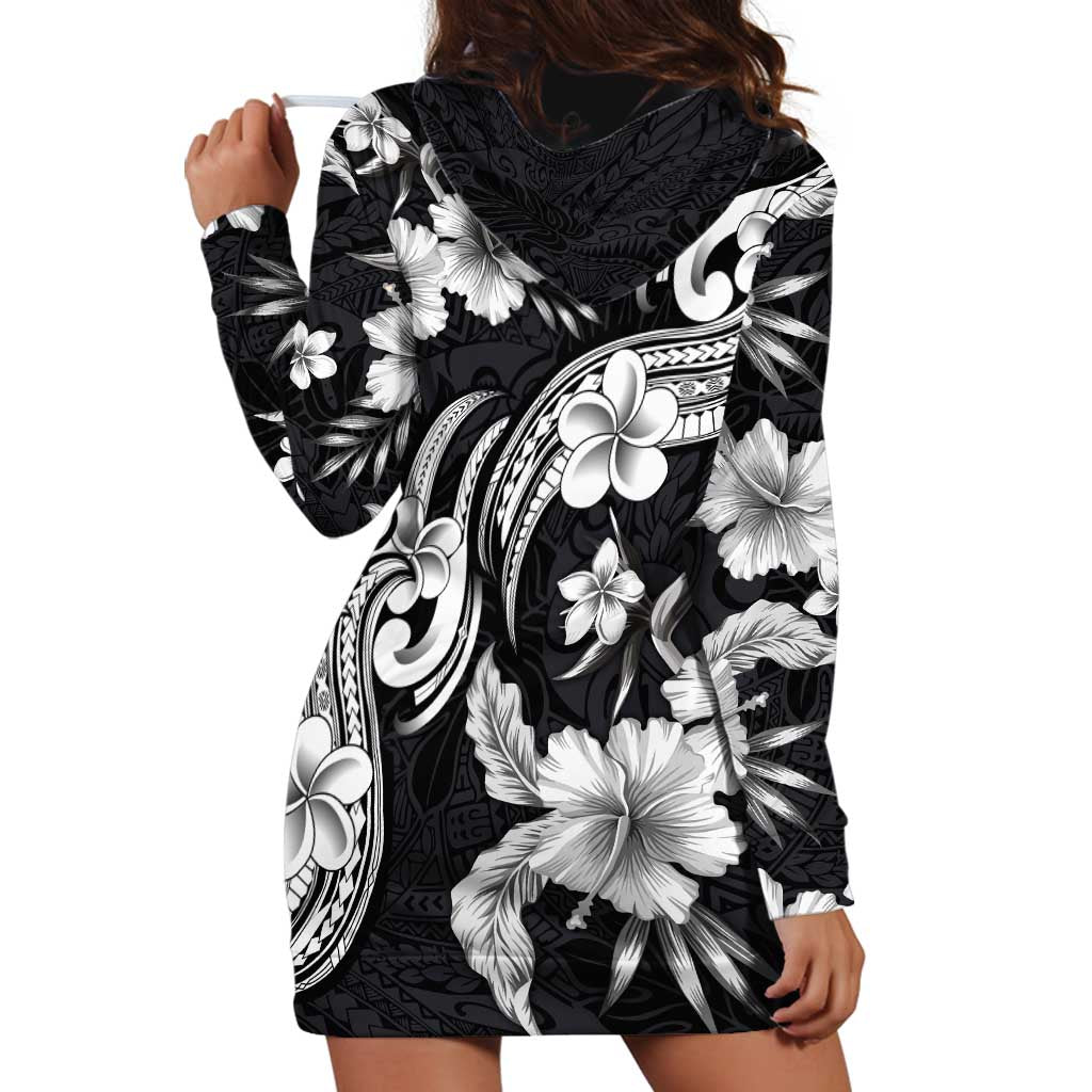 Hawaiian-Polynesian Art Tattoo Hoodie Dress Hibiscus and Plumeria Grayscale LT03 - Polynesian Pride