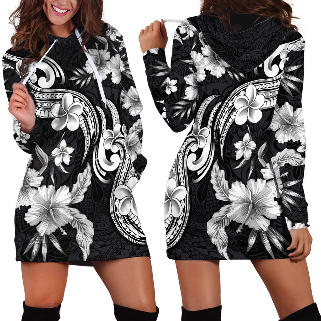 Hawaiian-Polynesian Art Tattoo Hoodie Dress Hibiscus and Plumeria Grayscale LT03 - Polynesian Pride