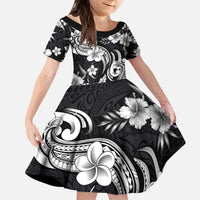 Hawaiian-Polynesian Art Tattoo Kid Short Sleeve Dress Hibiscus and Plumeria Grayscale LT03 KID Black - Polynesian Pride
