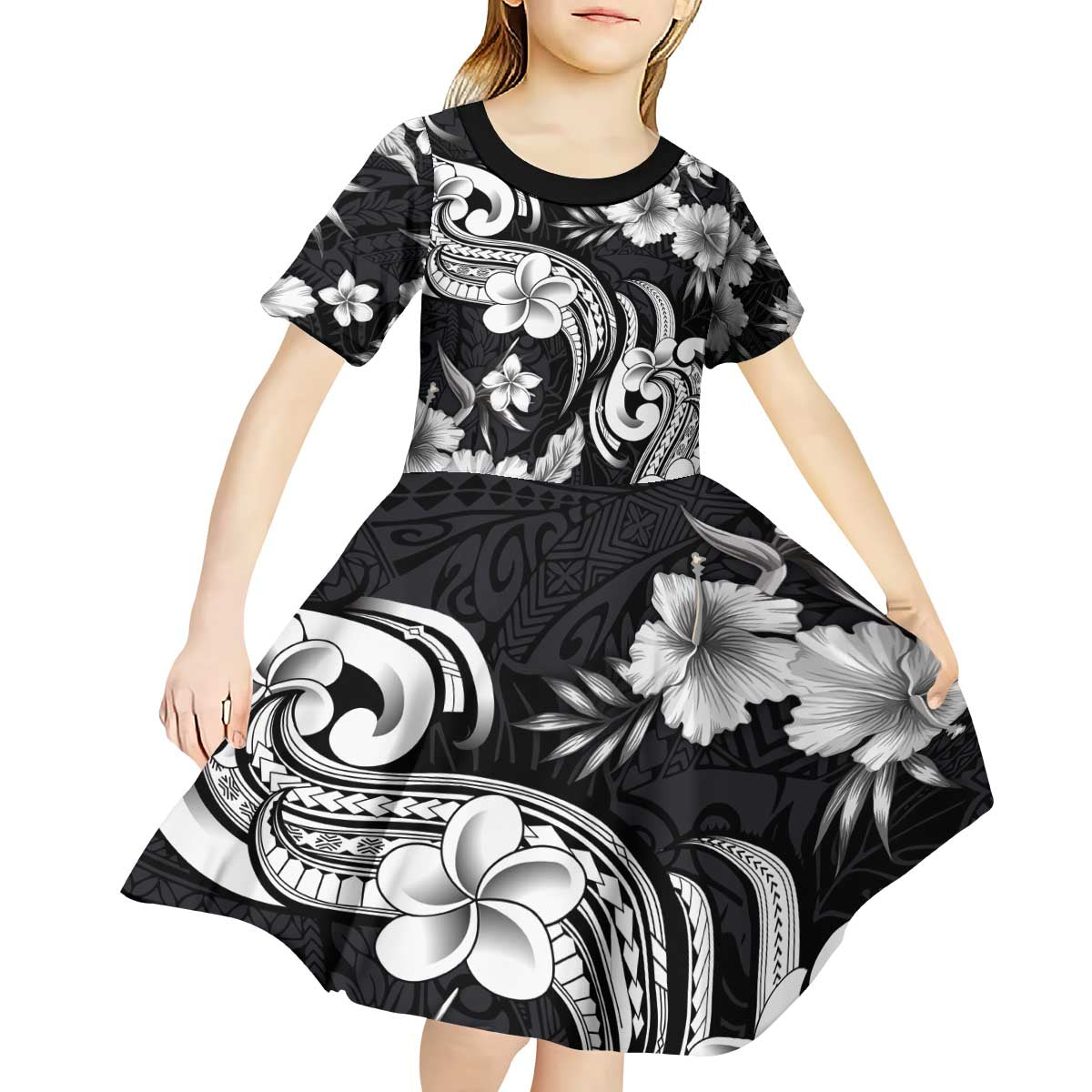 Hawaiian-Polynesian Art Tattoo Kid Short Sleeve Dress Hibiscus and Plumeria Grayscale LT03 - Polynesian Pride