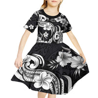 Hawaiian-Polynesian Art Tattoo Kid Short Sleeve Dress Hibiscus and Plumeria Grayscale LT03 - Polynesian Pride