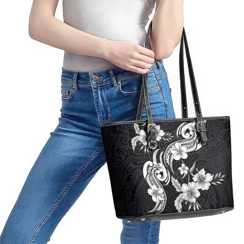 Hawaiian-Polynesian Art Tattoo Leather Tote Bag Hibiscus and Plumeria Grayscale
