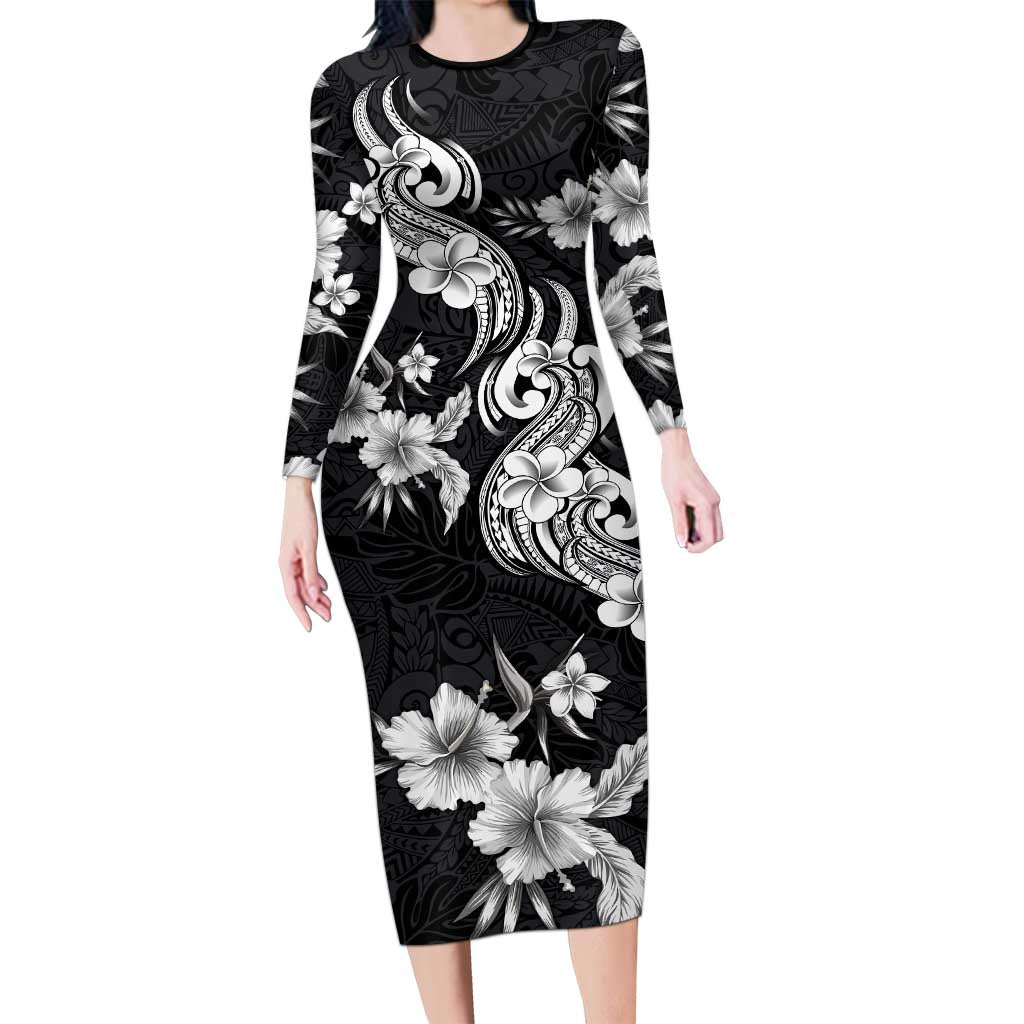 Hawaiian-Polynesian Art Tattoo Long Sleeve Bodycon Dress Hibiscus and Plumeria Grayscale LT03 Long Dress Black - Polynesian Pride