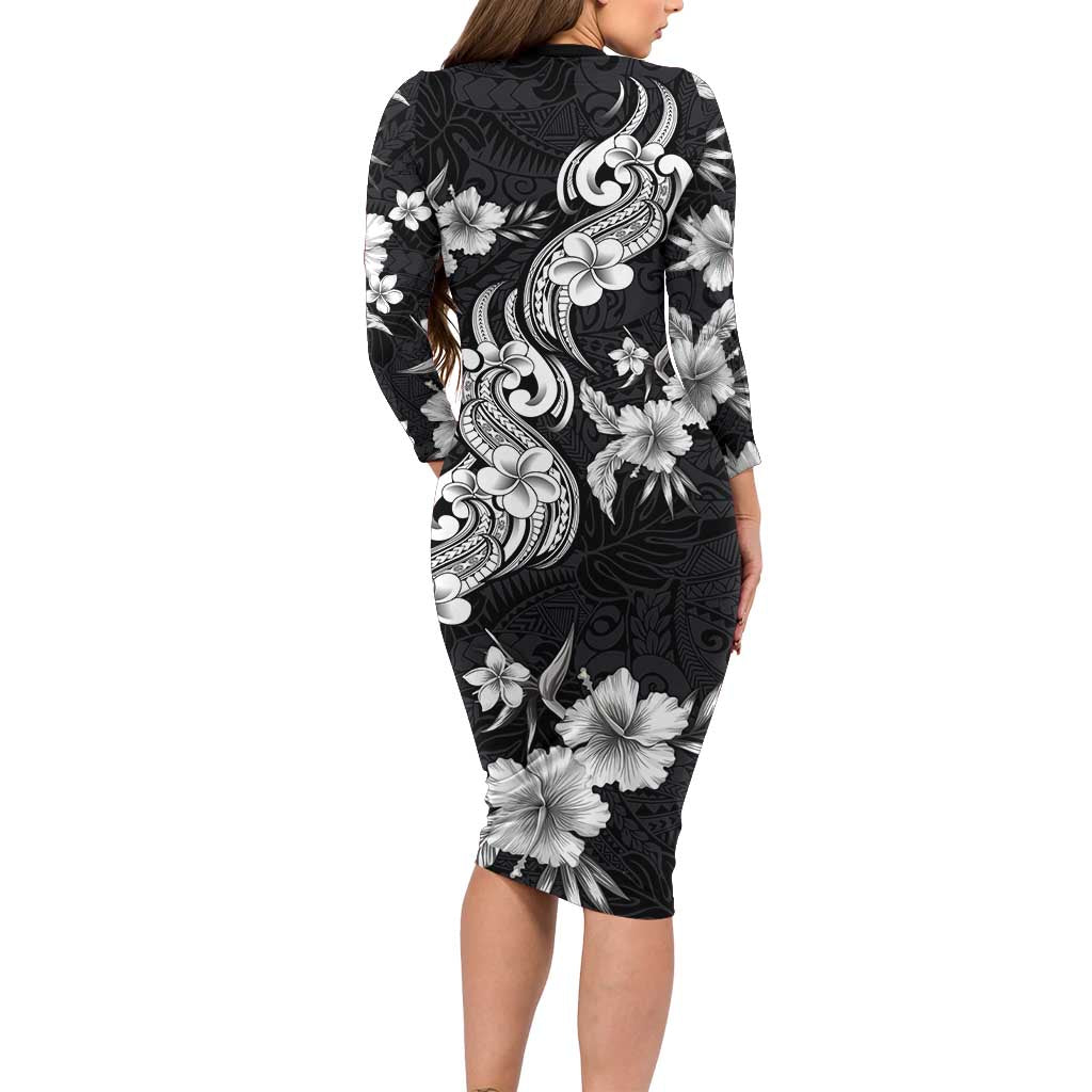 Hawaiian-Polynesian Art Tattoo Long Sleeve Bodycon Dress Hibiscus and Plumeria Grayscale LT03 - Polynesian Pride