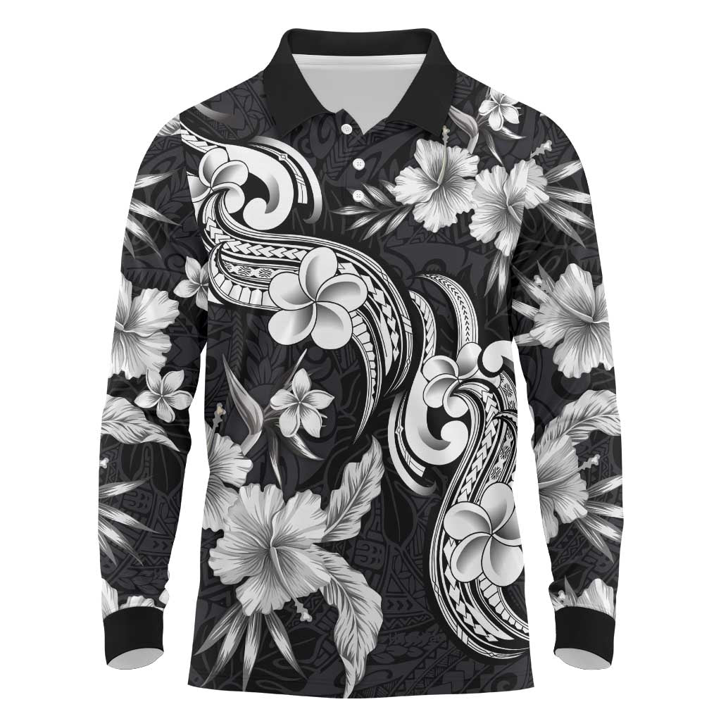 Hawaiian-Polynesian Art Tattoo Long Sleeve Polo Shirt Hibiscus and Plumeria Grayscale LT03 Black - Polynesian Pride