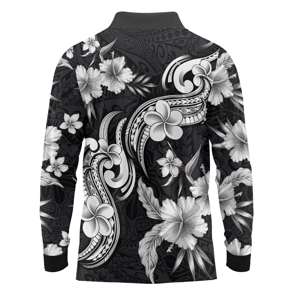 Hawaiian-Polynesian Art Tattoo Long Sleeve Polo Shirt Hibiscus and Plumeria Grayscale LT03 - Polynesian Pride