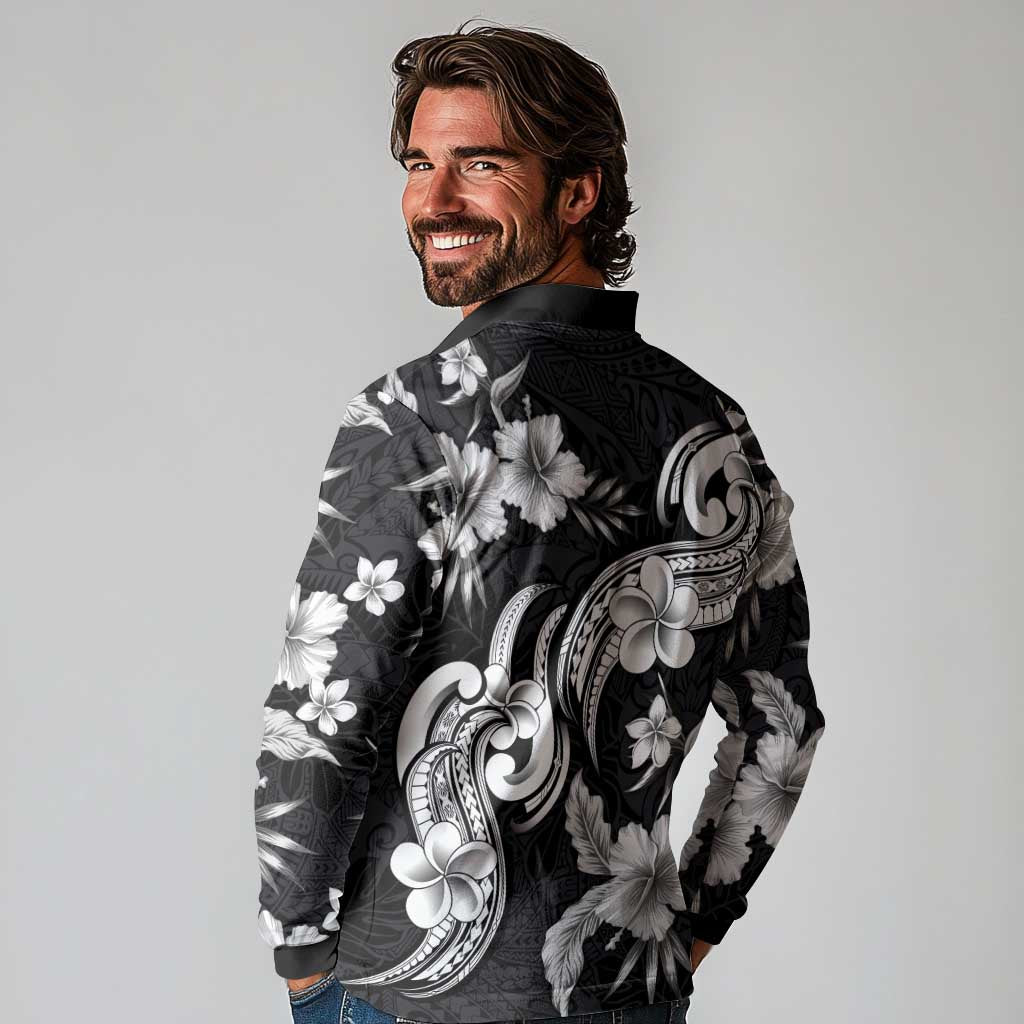Hawaiian-Polynesian Art Tattoo Long Sleeve Polo Shirt Hibiscus and Plumeria Grayscale LT03 - Polynesian Pride