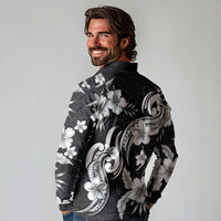 Hawaiian-Polynesian Art Tattoo Long Sleeve Polo Shirt Hibiscus and Plumeria Grayscale LT03 - Polynesian Pride