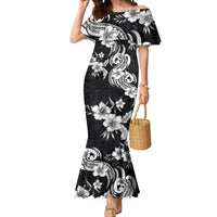 Hawaiian-Polynesian Art Tattoo Mermaid Dress Hibiscus and Plumeria Grayscale LT03 Women Black - Polynesian Pride