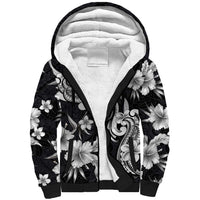 Hawaiian-Polynesian Art Tattoo Sherpa Hoodie Hibiscus and Plumeria Grayscale LT03 Unisex Black - Polynesian Pride