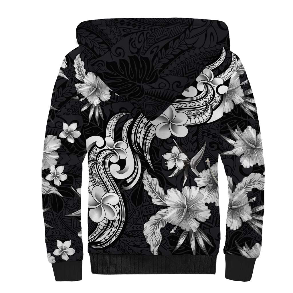 Hawaiian-Polynesian Art Tattoo Sherpa Hoodie Hibiscus and Plumeria Grayscale LT03 - Polynesian Pride