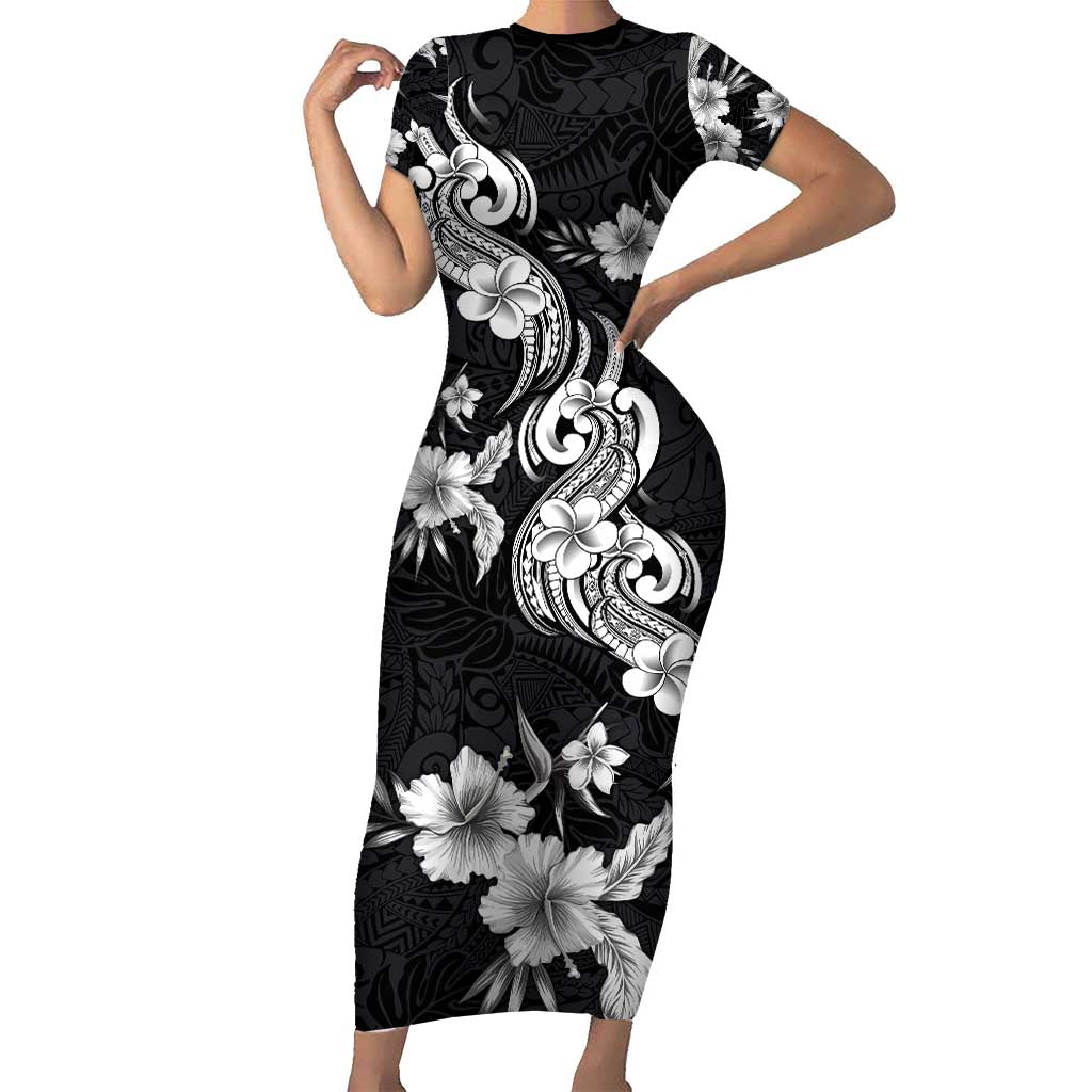 Hawaiian-Polynesian Art Tattoo Short Sleeve Bodycon Dress Hibiscus and Plumeria Grayscale LT03 Long Dress Black - Polynesian Pride