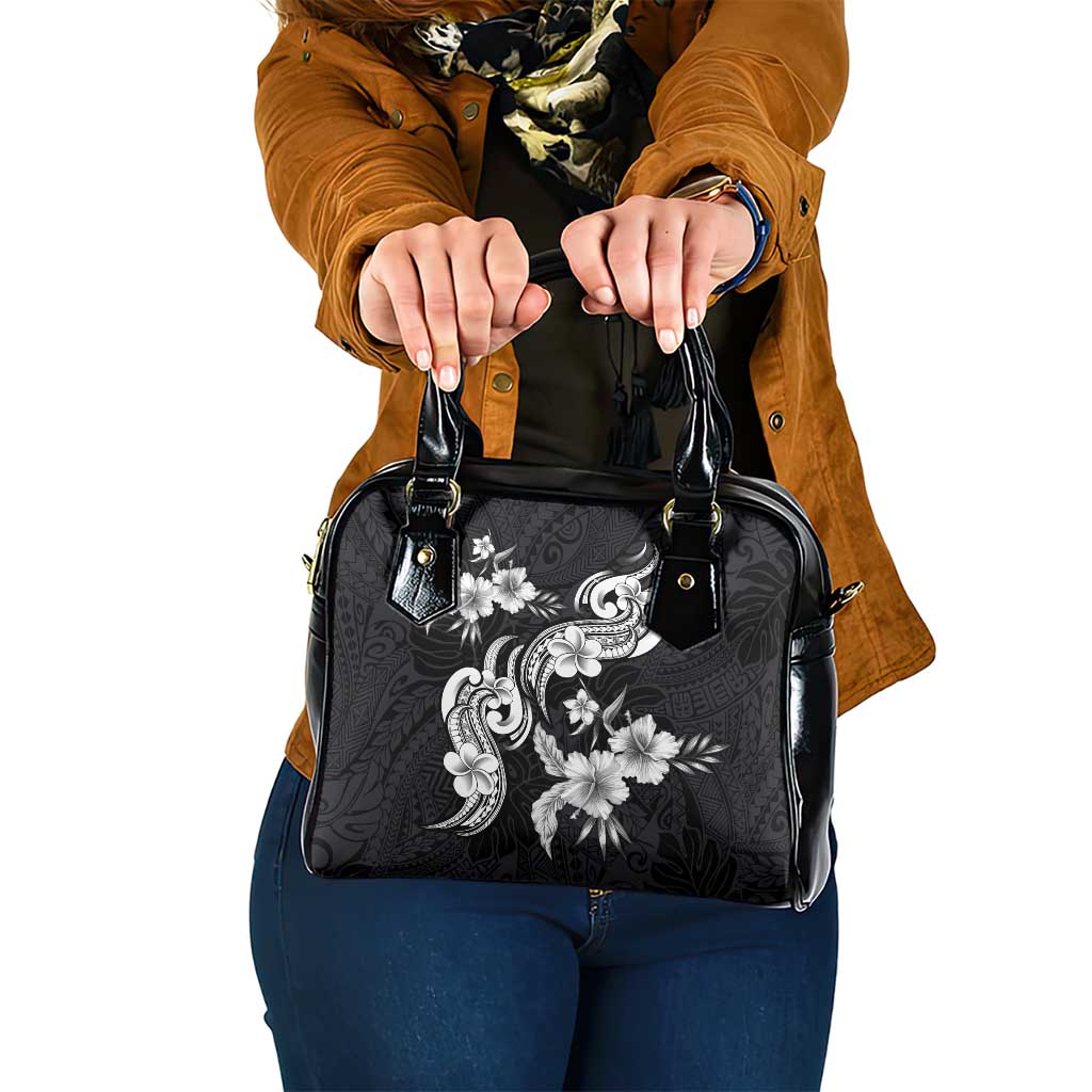 Hawaiian-Polynesian Art Tattoo Shoulder Handbag Hibiscus and Plumeria Grayscale