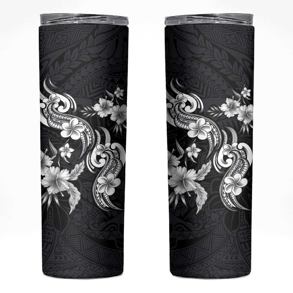 Hawaiian-Polynesian Art Tattoo Skinny Tumbler Hibiscus and Plumeria Grayscale LT03 Black - Polynesian Pride