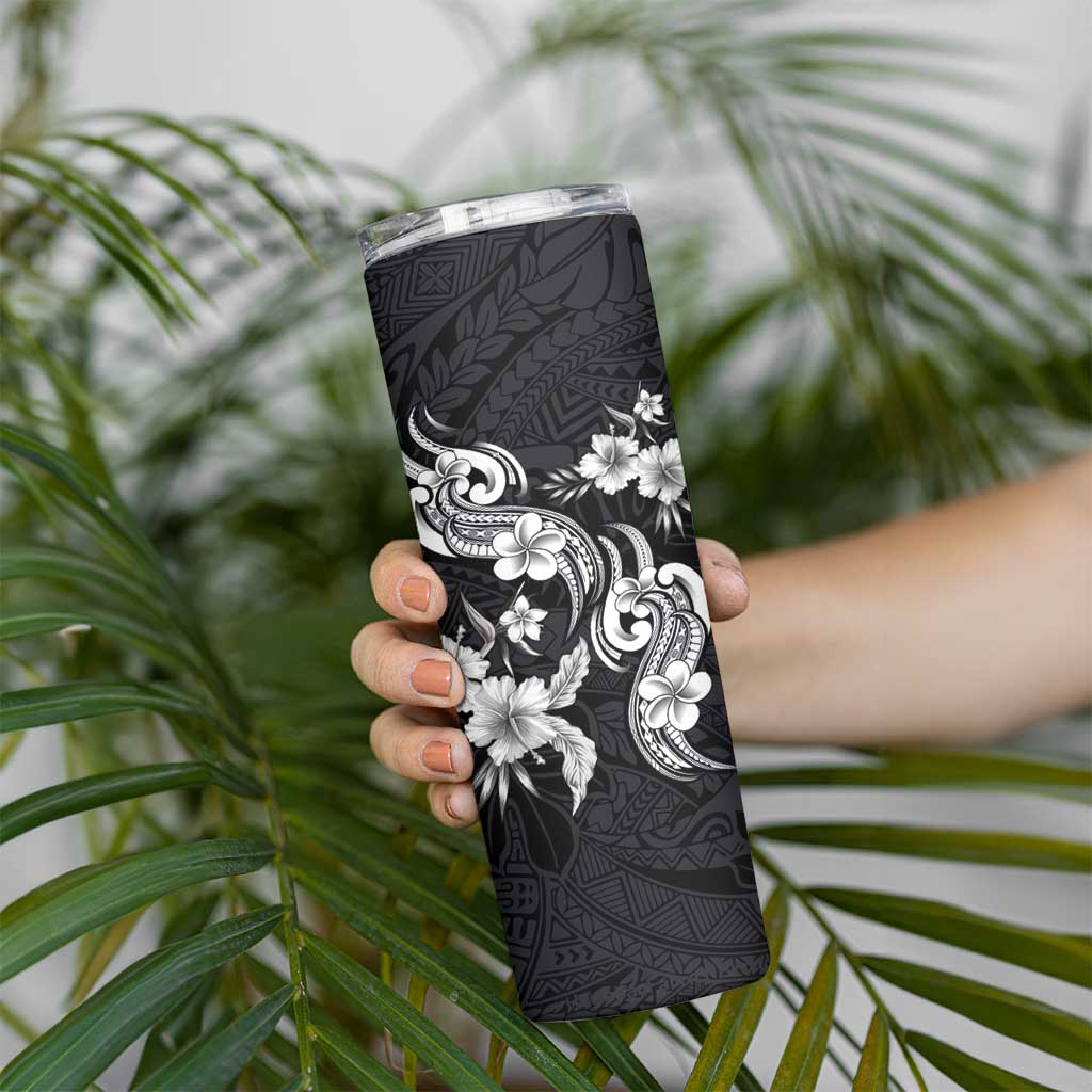Hawaiian-Polynesian Art Tattoo Skinny Tumbler Hibiscus and Plumeria Grayscale LT03 - Polynesian Pride
