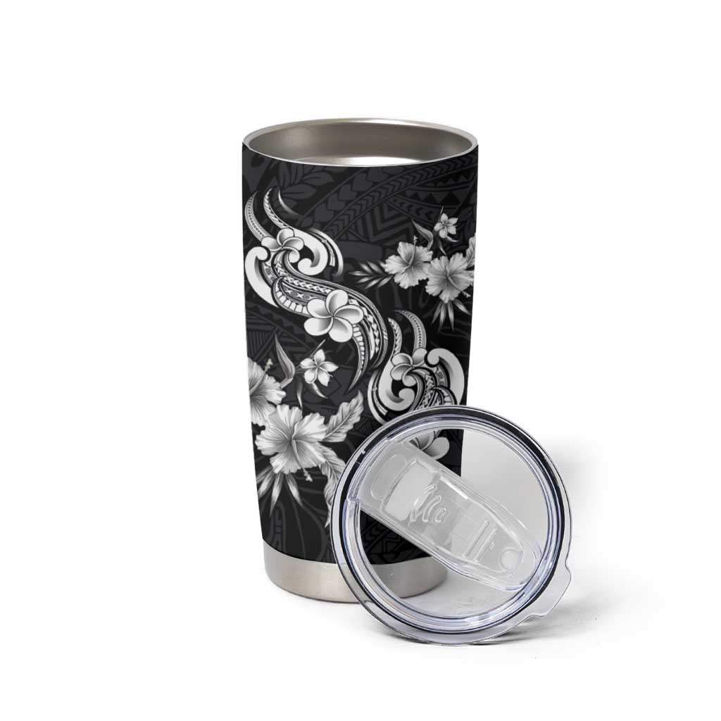 Hawaiian-Polynesian Art Tattoo Tumbler Cup Hibiscus and Plumeria Grayscale
