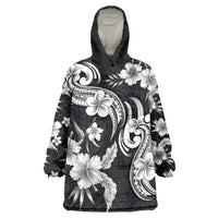 Hawaiian-Polynesian Art Tattoo Wearable Blanket Hoodie Hibiscus and Plumeria Grayscale LT03 One Size Black - Polynesian Pride
