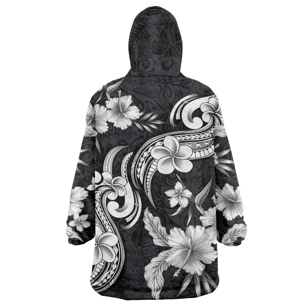 Hawaiian-Polynesian Art Tattoo Wearable Blanket Hoodie Hibiscus and Plumeria Grayscale LT03 - Polynesian Pride