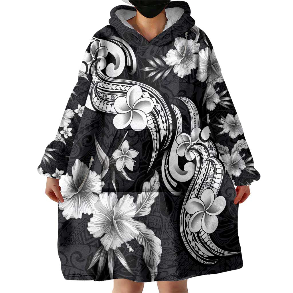 Hawaiian-Polynesian Art Tattoo Wearable Blanket Hoodie Hibiscus and Plumeria Grayscale LT03 - Polynesian Pride