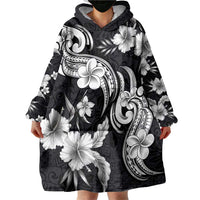 Hawaiian-Polynesian Art Tattoo Wearable Blanket Hoodie Hibiscus and Plumeria Grayscale LT03 - Polynesian Pride