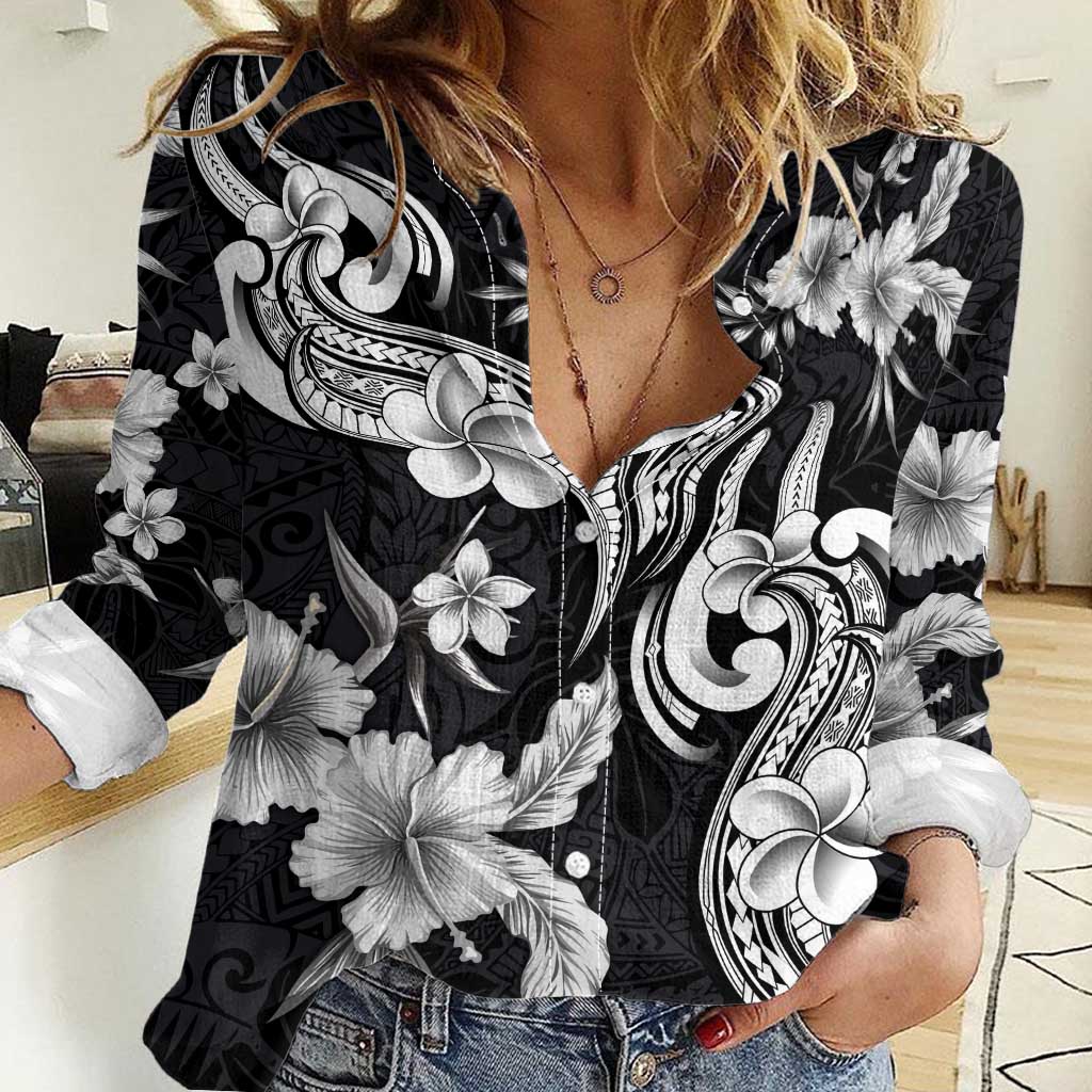 Hawaiian-Polynesian Art Tattoo Women Casual Shirt Hibiscus and Plumeria Grayscale LT03 Female Black - Polynesian Pride
