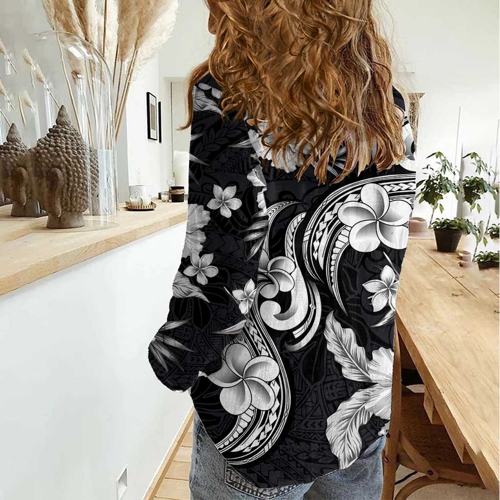 Hawaiian-Polynesian Art Tattoo Women Casual Shirt Hibiscus and Plumeria Grayscale LT03 - Polynesian Pride