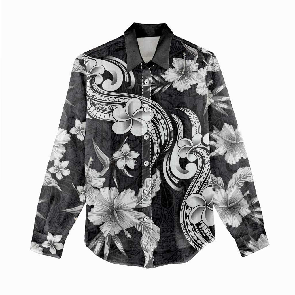 Hawaiian-Polynesian Art Tattoo Women Casual Shirt Hibiscus and Plumeria Grayscale LT03 - Polynesian Pride