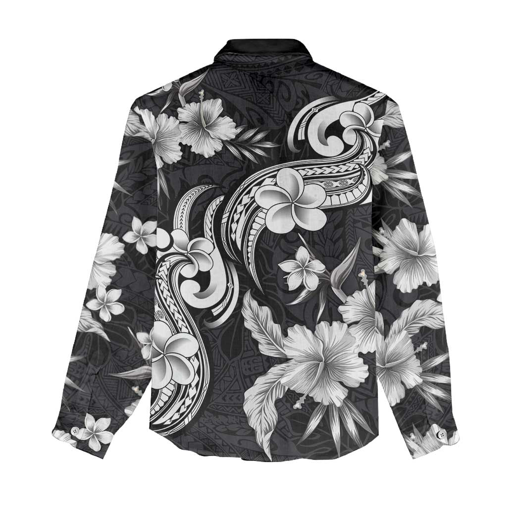 Hawaiian-Polynesian Art Tattoo Women Casual Shirt Hibiscus and Plumeria Grayscale LT03 - Polynesian Pride